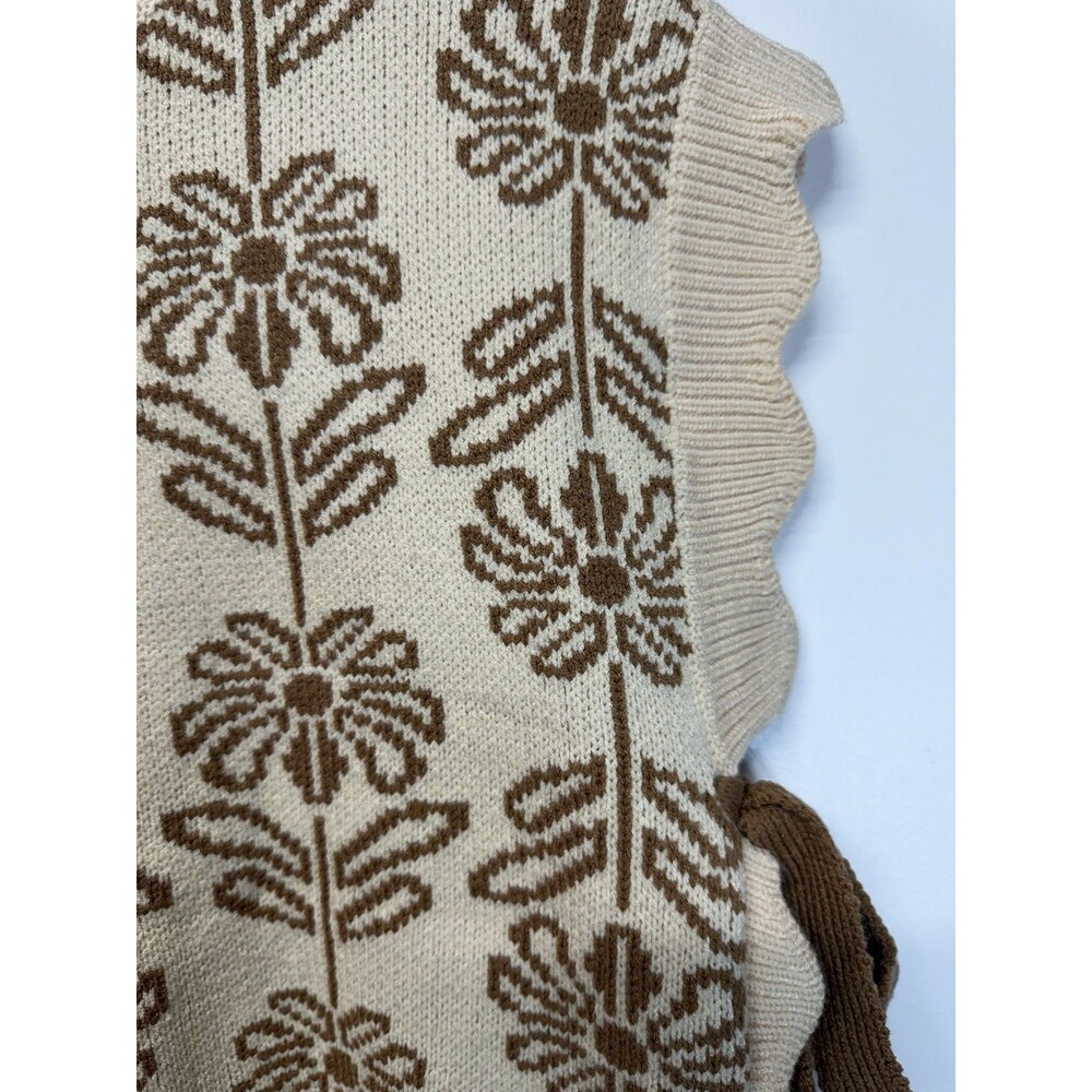 &merci Floral Jacquard Sweater Vest Cream Brown Side Tie Bow Scallop Sz M NWT - Picture 5 of 14